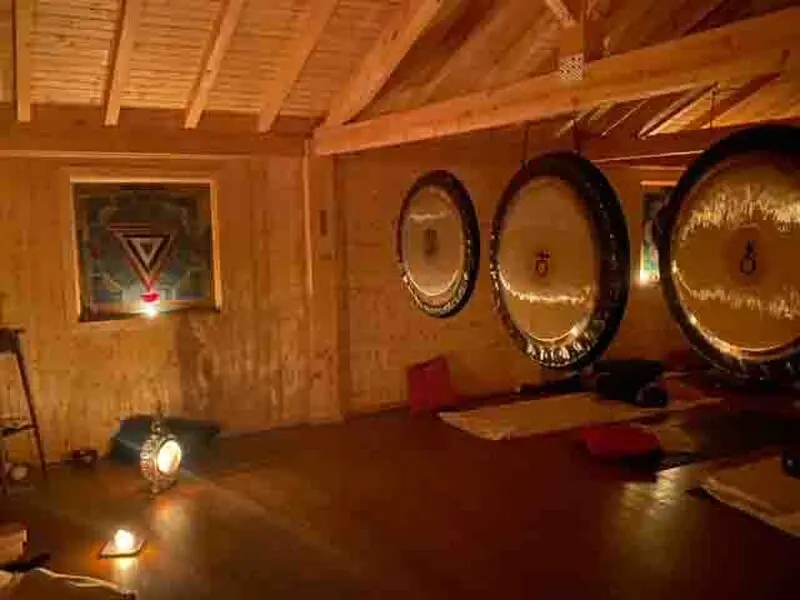 New Year Yoga Holiday 2026 picture of the gongs before a gong bath in the yoga shala on our New Year Yoga Holiday 2026